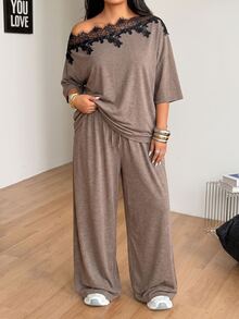 Coolane Women's Plus Size Summer Elegant Basic Daily Wear Going Out Comty Lace Patchwork Brown Off Shoulder T-Shirt And Wide Leg Sweatpants Two Pieces - Khaki - View 6