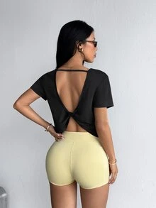 SHEIN Dewbera Crew Neck Short Casual Modest Athleisure T-Shirt With Back Twist Hollow Design Workout Gym Black Summer - Black - View 1