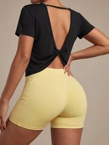 SHEIN Dewbera Crew Neck Short Casual Modest Athleisure T-Shirt With Back Twist Hollow Design Workout Gym Black Summer - Black - View 2