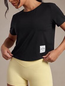 SHEIN Dewbera Crew Neck Short Casual Modest Athleisure T-Shirt With Back Twist Hollow Design Workout Gym Black Summer - Black - View 3