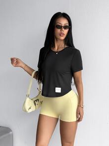 SHEIN Dewbera Crew Neck Short Casual Modest Athleisure T-Shirt With Back Twist Hollow Design Workout Gym Black Summer - Black - View 9