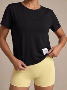 SHEIN Dewbera Crew Neck Short Casual Modest Athleisure T-Shirt With Back Twist Hollow Design Workout Gym Black Summer - Black - View 6