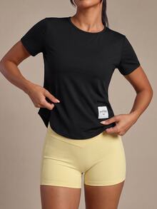 SHEIN Dewbera Crew Neck Short Casual Modest Athleisure T-Shirt With Back Twist Hollow Design Workout Gym Black Summer - Black - View 4