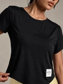 SHEIN Dewbera Crew Neck Short Casual Modest Athleisure T-Shirt With Back Twist Hollow Design Workout Gym Black Summer - Black - View 5