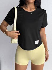SHEIN Dewbera Crew Neck Short Casual Modest Athleisure T-Shirt With Back Twist Hollow Design Workout Gym Black Summer - Black - View 7