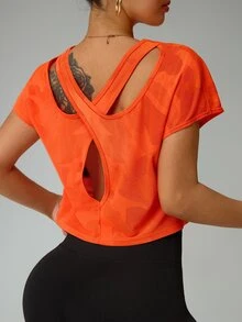 SHEIN Sports Round Neck Solid Color Fashion Sports T-Shirt, Short Sleeve, Suitable For Summer Gym Women Shirts - Orange - View 1