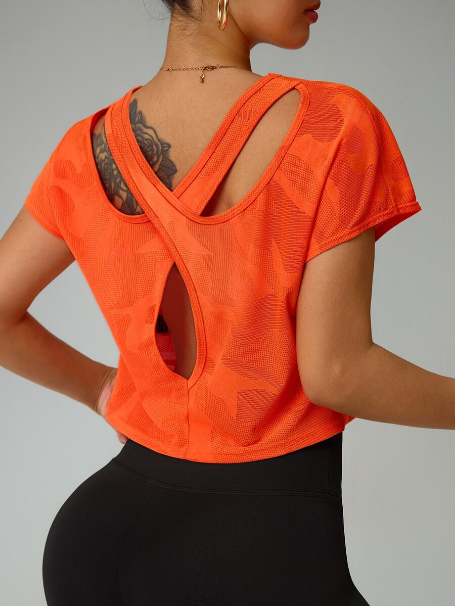 SHEIN Sports Round Neck Solid Color Fashion Sports T-Shirt, Short Sleeve, Suitable For Summer Gym Women Shirts - Orange - View 1