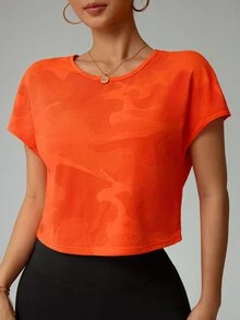 SHEIN Sports Round Neck Solid Color Fashion Sports T-Shirt, Short Sleeve, Suitable For Summer Gym Women Shirts - Orange - View 4