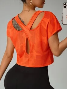 SHEIN Sports Round Neck Solid Color Fashion Sports T-Shirt, Short Sleeve, Suitable For Summer Gym Women Shirts - Orange - View 5