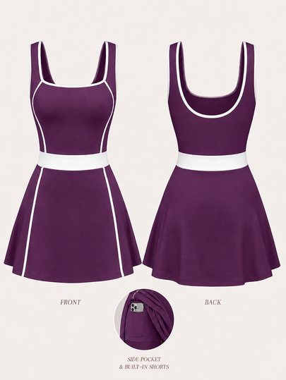 CourtClass CourtClass Vestido tipo falda-pantalón de tenis mini de línea A ajustada, sin mangas, cuello cuadrado, contraste púrpura y blanco, con pantalones cortos incorporados, estilo deportivo casual modesto para verano, athleisure y gimnasio