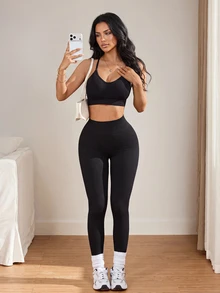 SHEIN Sports 女款素色高腰日常健身運動緊身褲 - 黑色 - 查看 7