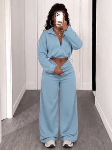 BamGleam Women's Autumn/Winter Casual Top And Pants 2 Pieces Set Everyday Lounge Dusty Blue - Blue - View 8