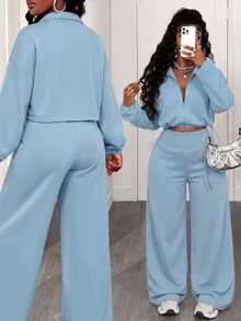 BamGleam Women's Autumn/Winter Casual Top And Pants 2 Pieces Set Everyday Lounge Dusty Blue - Blue - View 9