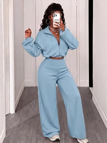 BamGleam Women's Autumn/Winter Casual Top And Pants 2 Pieces Set Everyday Lounge Dusty Blue - Blue - View 5