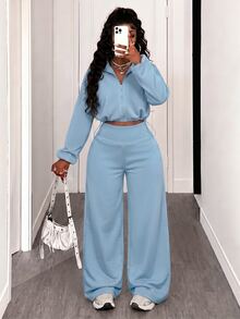 BamGleam Women's Autumn/Winter Casual Top And Pants 2 Pieces Set Everyday Lounge Dusty Blue - Blue - View 7