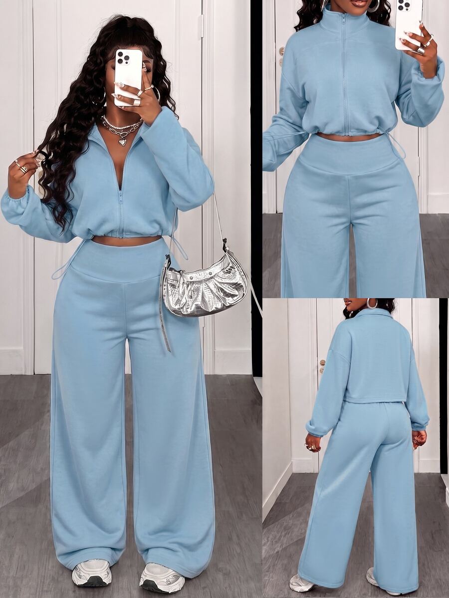 BamGleam Women's Autumn/Winter Casual Top And Pants 2 Pieces Set Everyday Lounge Dusty Blue