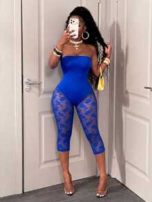 BamGleam Purple Floral Strapless Lace Sheer Mesh Jacquard Fitted Slimming Mid-Length Bodysuit Party Club Summer Sexy - Blue - View 1