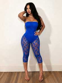 BamGleam Purple Floral Strapless Lace Sheer Mesh Jacquard Fitted Slimming Mid-Length Bodysuit Party Club Summer Sexy - Blue - View 4