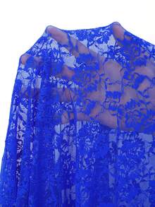 BamGleam Purple Floral Strapless Lace Sheer Mesh Jacquard Fitted Slimming Mid-Length Bodysuit Party Club Summer Sexy - Blue - View 6