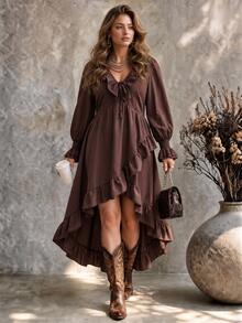 Ceyna Plus Size Women Shirred Ruffle Asymmetrical Hem Long Sleeve Shirred Dress Fall - Brown - View 7