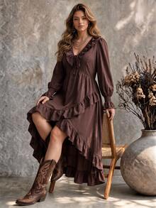 Ceyna Plus Size Women Shirred Ruffle Asymmetrical Hem Long Sleeve Shirred Dress Fall - Brown - View 1