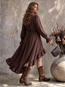 Ceyna Plus Size Women Shirred Ruffle Asymmetrical Hem Long Sleeve Shirred Dress Fall - Brown - View 2
