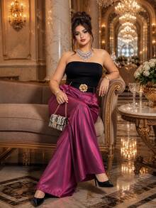 Roveilla Plus Size Women's High Waist Pleated Drape Silky Glossy Floor Length Wide Leg Trousers Slimming Elegant Suit Pants Fall - Purple - View 5