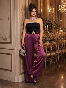 Roveilla Plus Size Women's High Waist Pleated Drape Silky Glossy Floor Length Wide Leg Trousers Slimming Elegant Suit Pants Fall - Purple - View 6