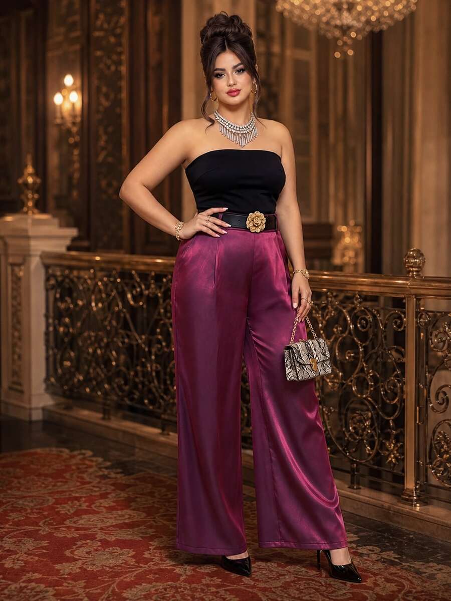 Roveilla Plus Size Women's High Waist Pleated Drape Silky Glossy Floor Length Wide Leg Trousers Slimming Elegant Suit Pants Fall - Purple - View 1