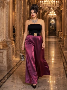 Roveilla Plus Size Women's High Waist Pleated Drape Silky Glossy Floor Length Wide Leg Trousers Slimming Elegant Suit Pants Fall - Purple - View 7