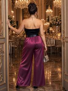 Roveilla Plus Size Women's High Waist Pleated Drape Silky Glossy Floor Length Wide Leg Trousers Slimming Elegant Suit Pants Fall - Purple - View 2