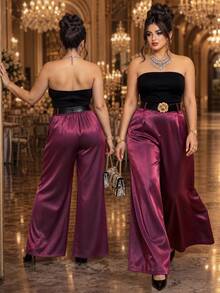 Roveilla Plus Size Women's High Waist Pleated Drape Silky Glossy Floor Length Wide Leg Trousers Slimming Elegant Suit Pants Fall - Purple - View 3