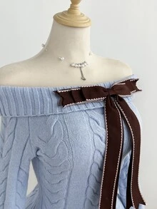 Elamini Women's Bow Decor Off-Shoulder Long Sleeve Cable Knit Sweater - Baby Blue - View 4