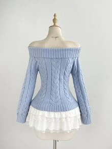 Elamini Women's Bow Decor Off-Shoulder Long Sleeve Cable Knit Sweater - Baby Blue - View 2