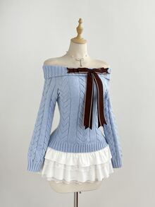 Elamini Women's Bow Decor Off-Shoulder Long Sleeve Cable Knit Sweater - Baby Blue - View 1