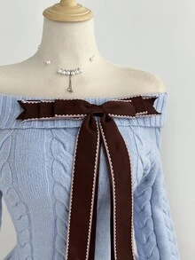 Elamini Women's Bow Decor Off-Shoulder Long Sleeve Cable Knit Sweater - Baby Blue - View 5