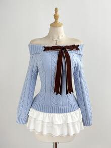Elamini Women's Bow Decor Off-Shoulder Long Sleeve Cable Knit Sweater - Baby Blue - View 3