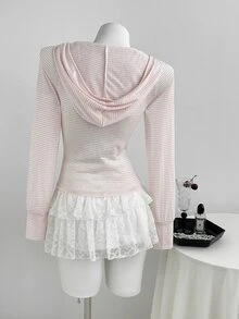 Elamini Women's Pink Striped Long‑Sleeve Hooded Lightweight Jacket With Bow Print, Autumn School Outwear, Preppy & Vacation Style For Daily Outings - Pink - View 2