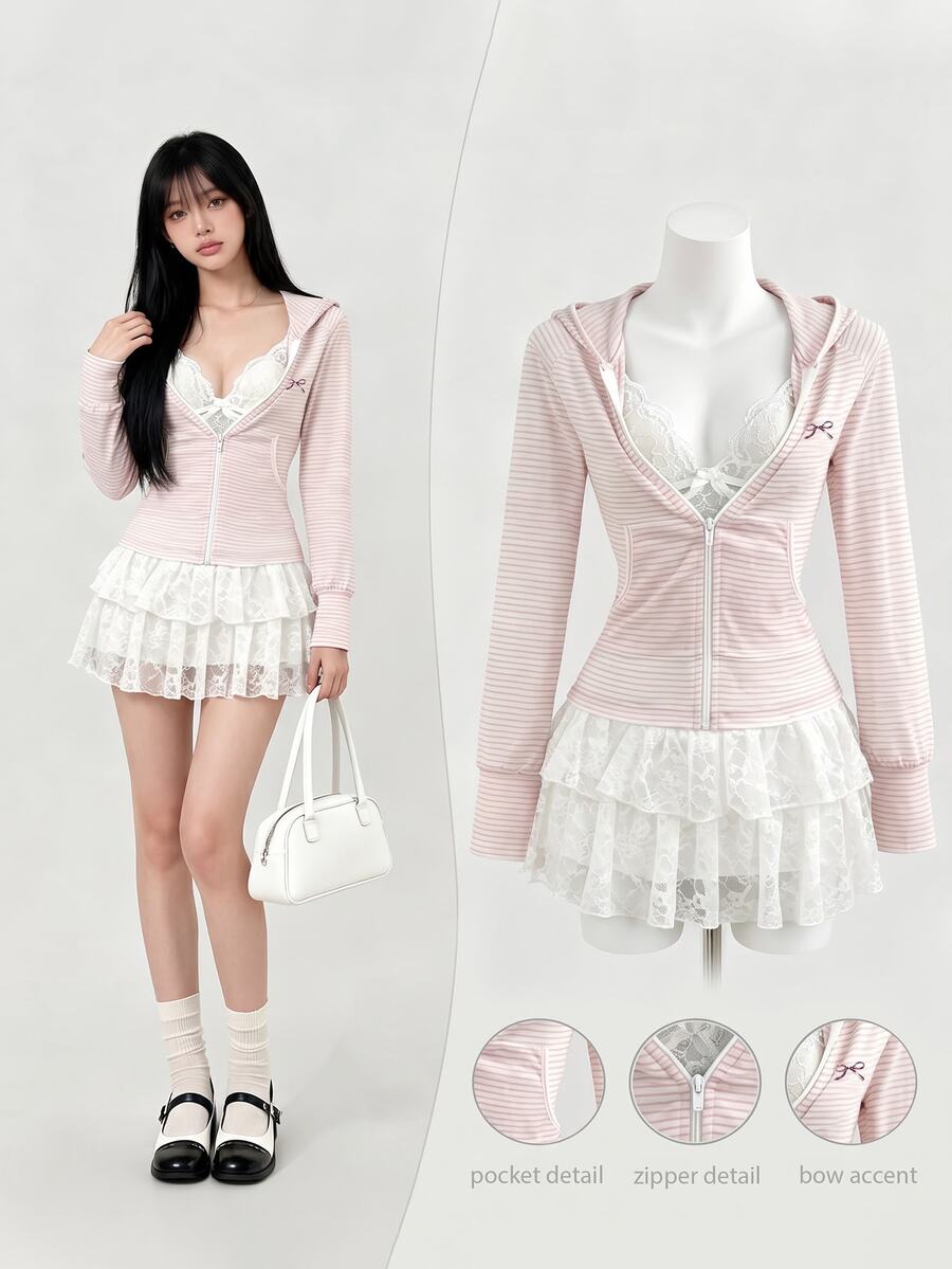 Elamini Women's Pink Striped Long‑Sleeve Hooded Lightweight Jacket With Bow Print, Autumn School Outwear, Preppy & Vacation Style For Daily Outings - Pink - View 1