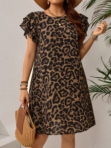 EMERY ROSE Plus Size Leopard Print Ruffled Hem Casual Vacation Dress,Vacation Outfits Woman,Summer Clothes,Spring Vacation Brown - Multicolor - View 7