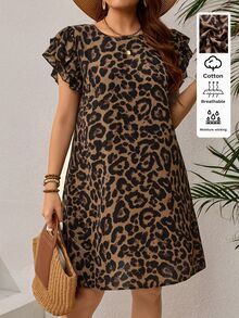 EMERY ROSE Plus Size Leopard Print Ruffled Hem Casual Vacation Dress,Vacation Outfits Woman,Summer Clothes,Spring Vacation Brown - Multicolor - View 1