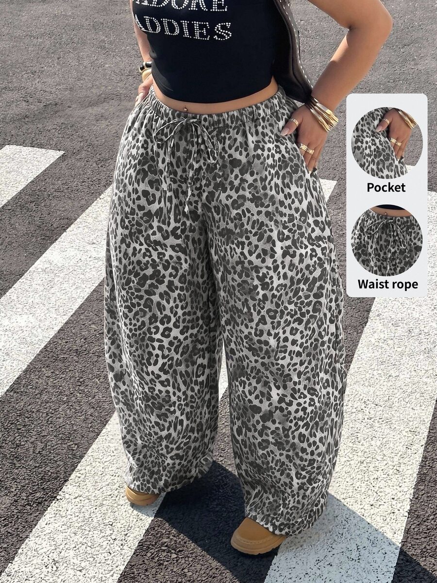 Muchica Woven Plus-Size Women's Grey Leopard Print Casual Traditional 90s Everyday Trousers Drawstring Design Vacation Beach Formal Date Night Autumn Fall