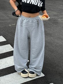 Muchica Plus Size Women Solid Color Elastic Waist Button Design Wide Leg Loose Long Pants - Grey - View 5