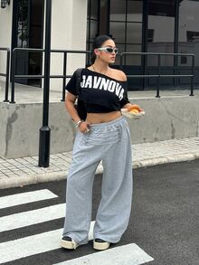 Muchica Plus Size Women Solid Color Elastic Waist Button Design Wide Leg Loose Long Pants - Grey - View 7