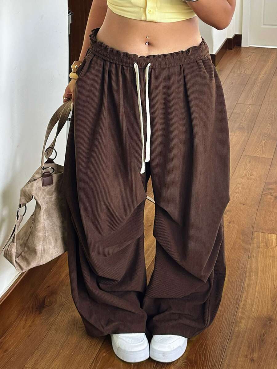 Muchica Women's Solid Color Drawstring Waist Casual Versatile Everyday Long Pants Fall - Brown - View 1