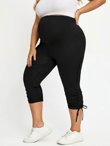 Plussiva Quần dưới cho bà bầu size lớn, phong cách thường ngày, mềm mại, đa năng, màu trơn, ôm dáng, phù hợp tập gym và trang trọng, màu đen, mùa hè - màu đen - Xem 6