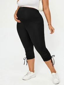 Plussiva Quần dưới cho bà bầu size lớn, phong cách thường ngày, mềm mại, đa năng, màu trơn, ôm dáng, phù hợp tập gym và trang trọng, màu đen, mùa hè - màu đen - Xem 8