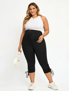 Plussiva Quần dưới cho bà bầu size lớn, phong cách thường ngày, mềm mại, đa năng, màu trơn, ôm dáng, phù hợp tập gym và trang trọng, màu đen, mùa hè - màu đen - Xem 7