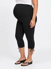 Plussiva Quần dưới cho bà bầu size lớn, phong cách thường ngày, mềm mại, đa năng, màu trơn, ôm dáng, phù hợp tập gym và trang trọng, màu đen, mùa hè - màu đen - Xem 2