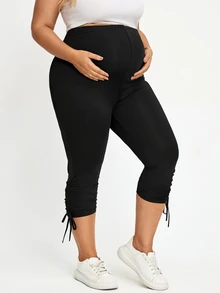 Plussiva Quần dưới cho bà bầu size lớn, phong cách thường ngày, mềm mại, đa năng, màu trơn, ôm dáng, phù hợp tập gym và trang trọng, màu đen, mùa hè - màu đen - Xem 5
